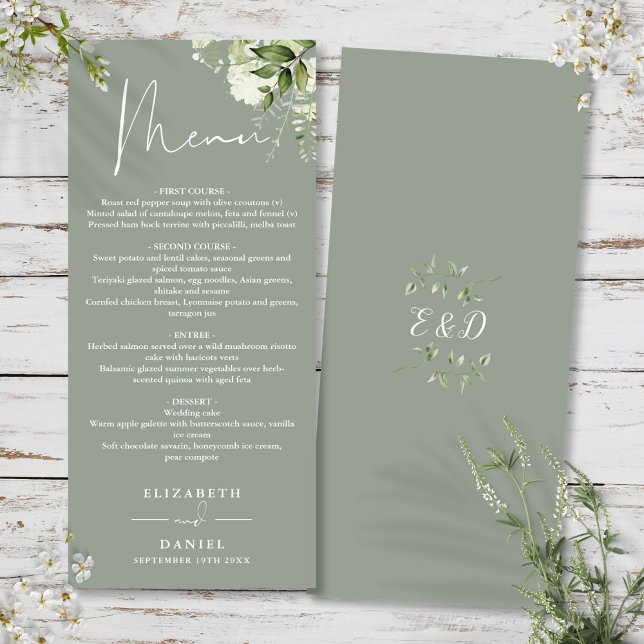 Sage Grönt Blommigt Greenery Monogram Bröllop Midd Meny (Sage Green Floral Greenery Monogram Wedding Dinner Menu)