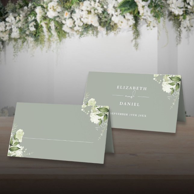 Sage Grönt Blommigt Grey Bröllop Foltydd Placeringskort (Sage Green Floral Greenery Wedding Folded Place Card)