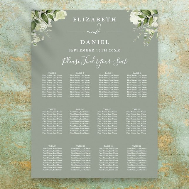 Sage Grönt Blommigt  Grey Bröllop Seskapsdiagram Poster (Sage Green Floral Greenery Wedding Seating Chart)