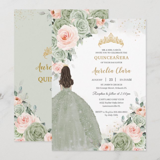 Sage Grönt  Blommigt Guld Quinceañera Sweet 16 Inbjudningar (Fram/baksida)