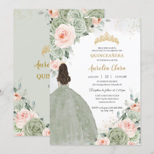 Sage Grönt Blommigt Guld Quinceañera Sweet 16 Inbjudningar