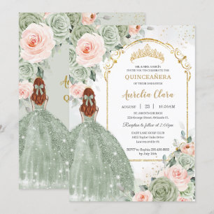 Sage Grönt Blommigt Guld Quinceañera Sweet 16 Inbjudningar