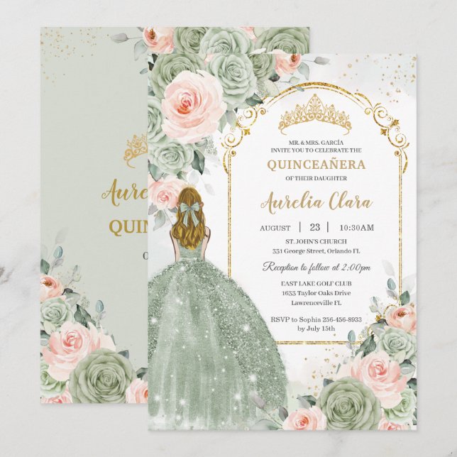 Sage Grönt  Blommigt Guld Quinceañera Sweet 16 Inbjudningar (Fram/baksida)