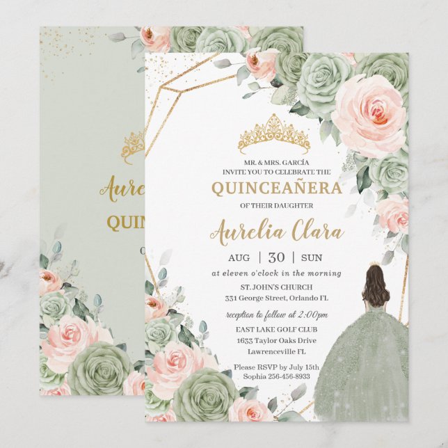 Sage Grönt  Blommigt Guld Quinceañera Sweet 16 Inbjudningar (Fram/baksida)
