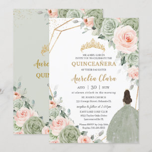 Sage Grönt  Blommigt Guld Quinceañera Sweet 16 Inbjudningar