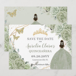 Sage Grönt Blommigt Guld Quinceanera Sweet sixteen Spara Datumet