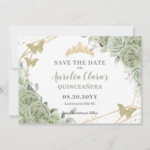 Sage Grönt Blommigt Guld Quinceanera Sweet sixteen Spara Datumet
