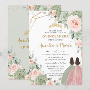 Sage Grönt Blommigt Guld Quinceañera-Twillingar Inbjudningar