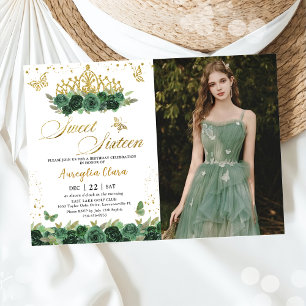 Sage Grönt Blommigt Guld Sweet sixteen 16 födelsed Inbjudningar