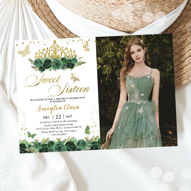 Sage Grönt Blommigt Guld Sweet sixteen 16 födelsed Inbjudningar (Skapare uppladdad)