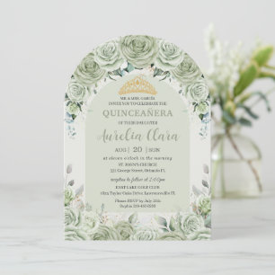 Sage Grönt Blommigt Modern Arch Guld Quinceanera Inbjudningar