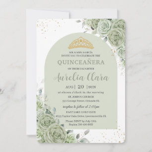 Sage Grönt Blommigt Modern Arch Guld Quinceanera Inbjudningar