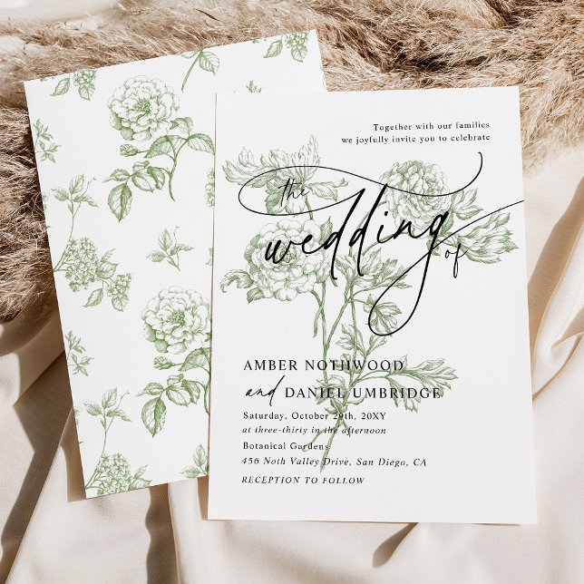 Sage Grönt Blommigt Modern Calligraphy Bröllop Inbjudningar (Skapare uppladdad)