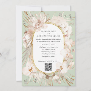 Sage Grönt blommigt, modern QR-kod bröllop Inbjudningar