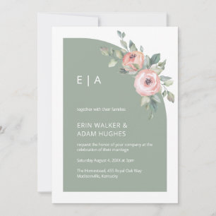 Sage Grönt Blommigt Monogram halv Arch Bröllop Inbjudningar
