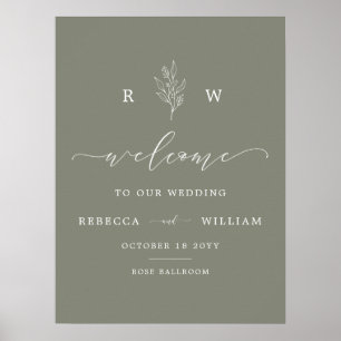 Sage Grönt Blommigt Monogram Script Välkommen Bröl Poster