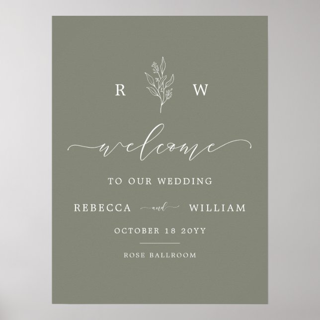 Sage Grönt Blommigt Monogram Script Välkommen Bröl Poster (Framsidan)
