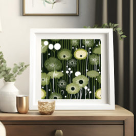 Sage Grönt Blommigt på Black Poster