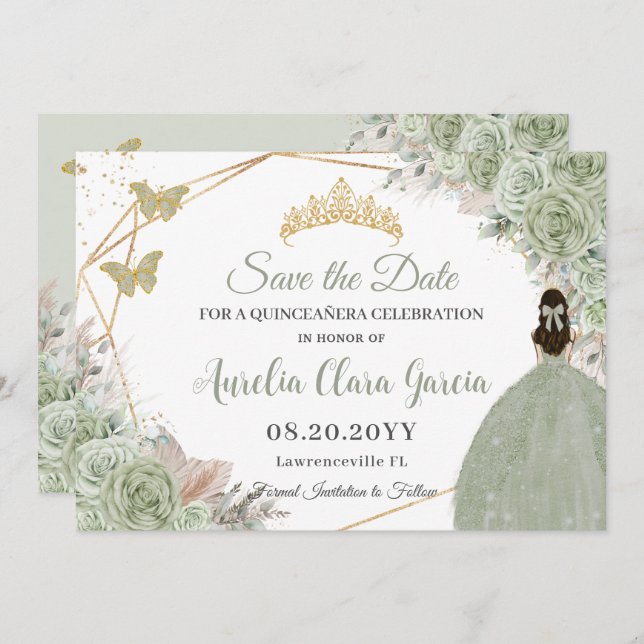 Sage Grönt Blommigt Pampas Grass Quinceanera Guld Spara Datumet (Fram/baksida)
