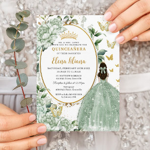 Sage Grönt Blommigt Princess Dress Guld Quinceañer Inbjudningar