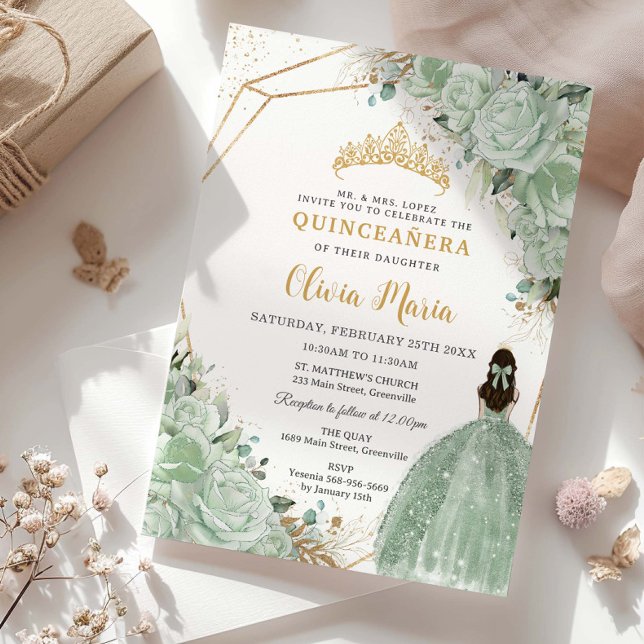 Sage Grönt Blommigt Princess Dress Guld Quinceañer Inbjudningar (Skapare uppladdad)