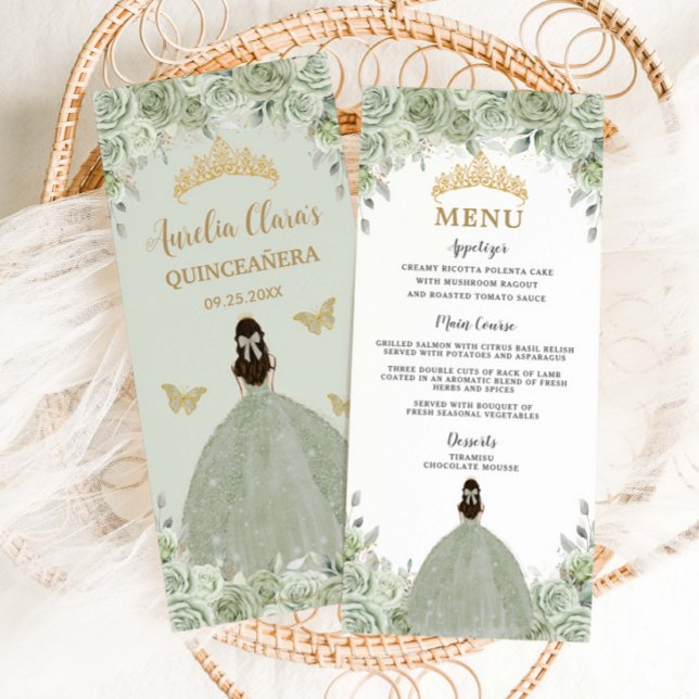 Sage Grönt Blommigt Princess Guld Quinceañera Menu Program (Skapare uppladdad)
