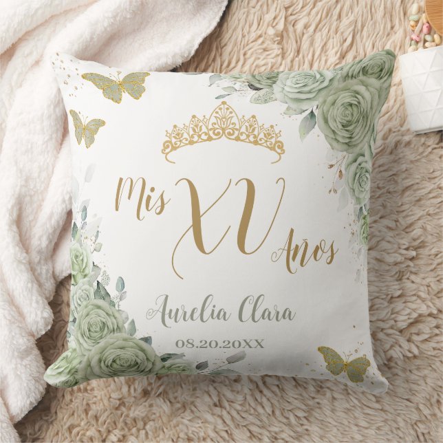 Sage Grönt Blommigt Quinceanera Birthday Butterfli Kudde (Filt)