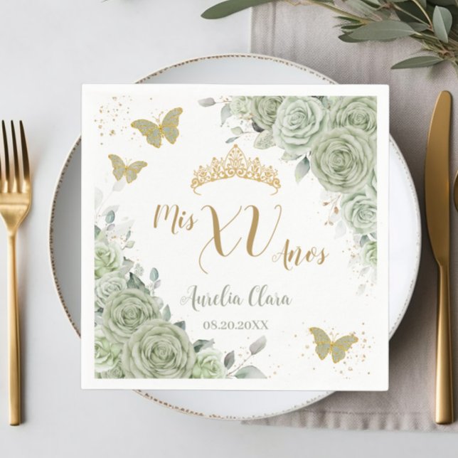 Sage Grönt Blommigt Quinceanera Birthday Butterfli Pappersservett (Skapare uppladdad)