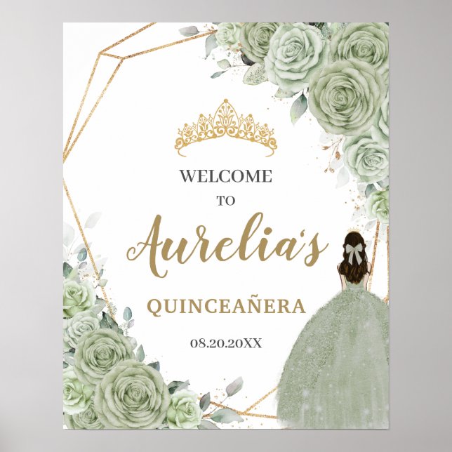 Sage Grönt Blommigt Quinceañera Geometric Welcome Poster (Framsidan)