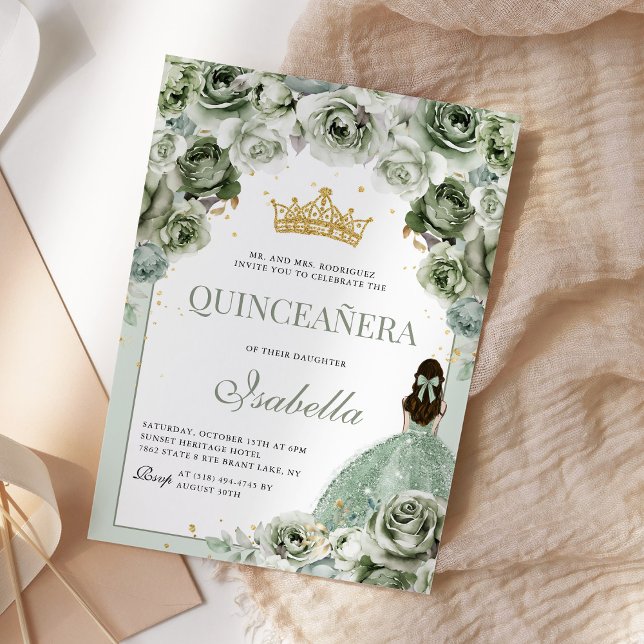 Sage Grönt Blommigt Quinceanera Mis Quince Anos Inbjudningar (Skapare uppladdad)