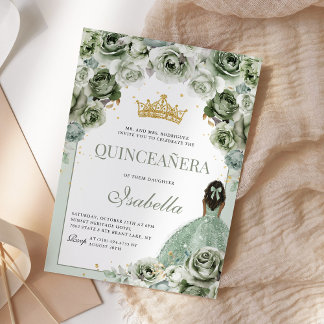 Sage Grönt Blommigt Quinceanera Mis Quince Anos Inbjudningar