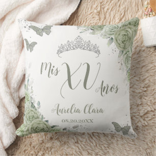 Sage Grönt Blommigt Quinceanera XV 15 Butterflies Kudde