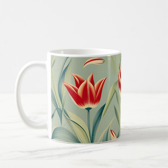 Sage Grönt Blommigt Red Tulips Kaffemugg (Vänster)