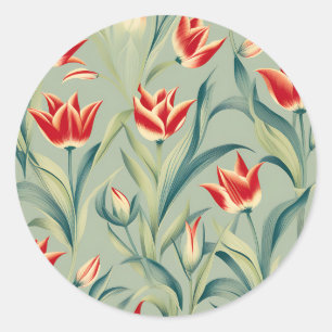Sage Grönt Blommigt Red Tulips Runt Klistermärke
