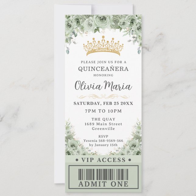 Sage Grönt Blommigt Ro Guld Quinceañera VIP Biljet Inbjudningar (Framsida)