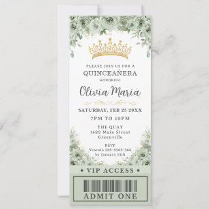 Sage Grönt Blommigt Ro Guld Quinceañera VIP Biljet Inbjudningar