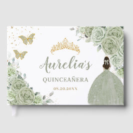 Sage Grönt Blommigt Ro Princess Guld Quinceañera Gästböcker