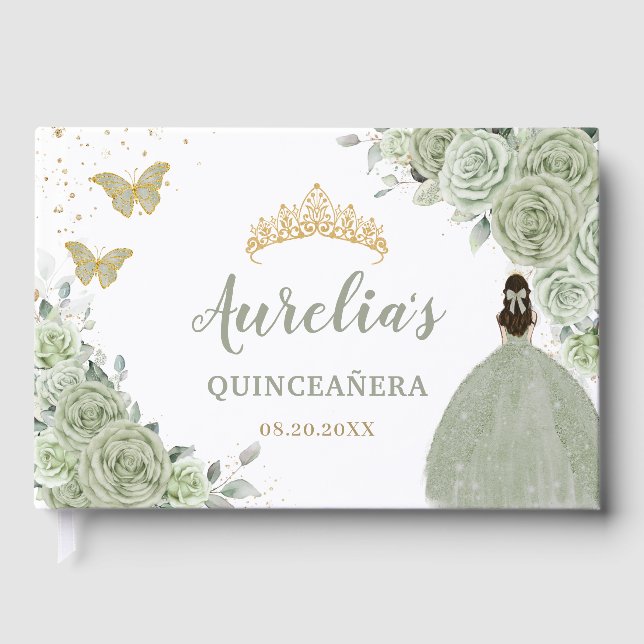 Sage Grönt Blommigt Ro Princess Guld Quinceañera Gästböcker (Framsida)