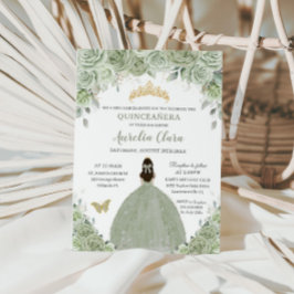 Sage Grönt Blommigt Ro Princess Guld Quinceañera Inbjudningar