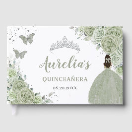 Sage Grönt Blommigt Ro Princess Silver Quinceañera Gästböcker