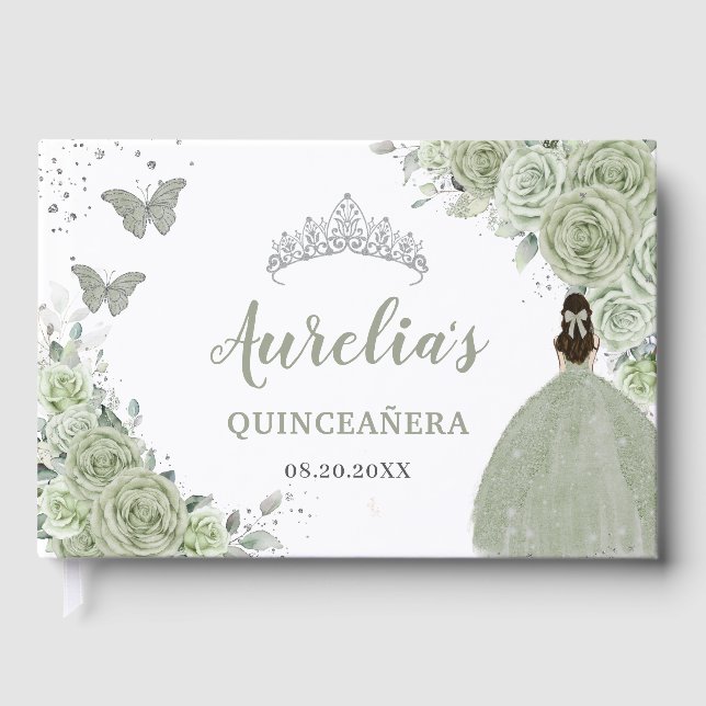 Sage Grönt Blommigt Ro Princess Silver Quinceañera Gästböcker (Framsida)
