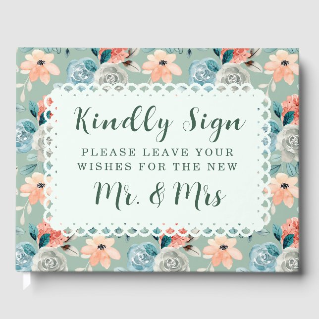 Sage Grönt Blommigt Snöre Elegant bröllop Calligra Gästböcker (Framsida)