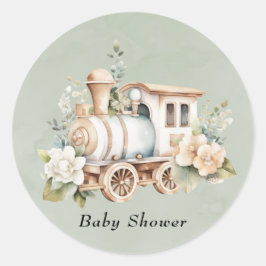 Sage Grönt Blommigt Tåg Boy Baby Shower Runt Klistermärke