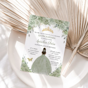 Sage Grönt Blommigt Tan Brown Princess Quinceañera Inbjudningar