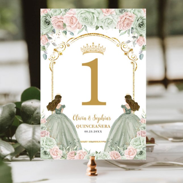 Sage Grönt  Blommigt Twillingar Quinceanera Birthd Bordsnummer (Skapare uppladdad)