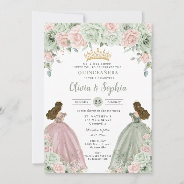 Sage Grönt  Blommigt Twin Girls Quinceañera Inbjudningar (Framsida)