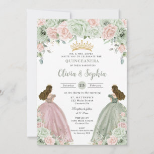 Sage Grönt Blommigt Twin Girls Quinceañera Inbjudningar