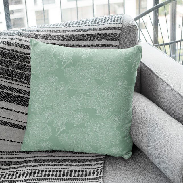 Sage grönt blommigt, vit mönster elegant, modern kudde (Skapare uppladdad)