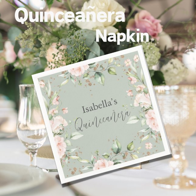 Sage Grönt Blommigt Watercolor Quinceañera Papper Pappersservett (Skapare uppladdad)