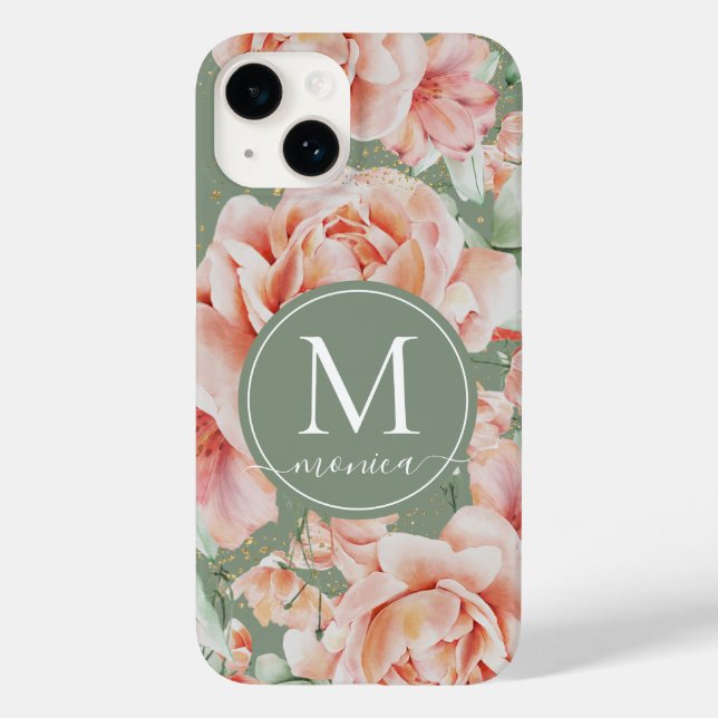 Sage Grönt Blommigt Watercolor Ro Mönster Monogram (Baksida)